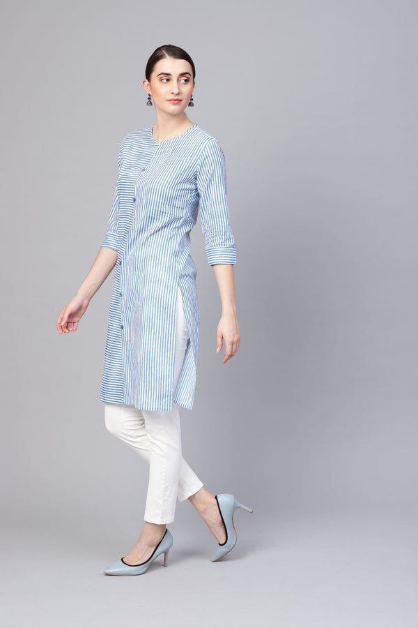 Women's Blue Cotton Solid 3/4 Sleeve Collar Neck Kurti - Myshka