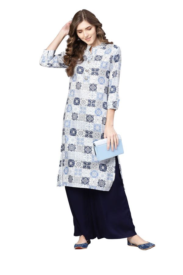 Women's Blue Cotton Printed 3/4 Sleeve Collar Neck Kurta Only - Myshka