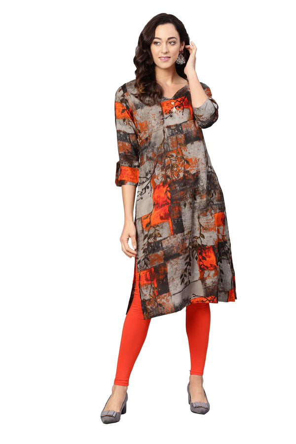 Women's Black Cotton Printed 3/4 Sleeve V-Neck Kurta Only - Myshka