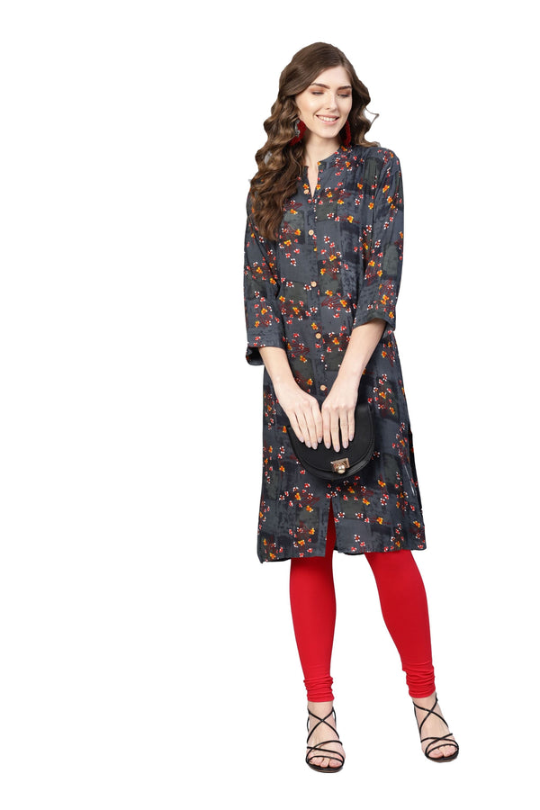 Women's Black Rayon Printed Full Sleeve Collar Neck Kurta Only - Myshka