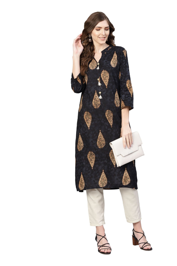 Women's Black Rayon Solid 3/4 Sleeve V-Neck Kurta Only - Myshka