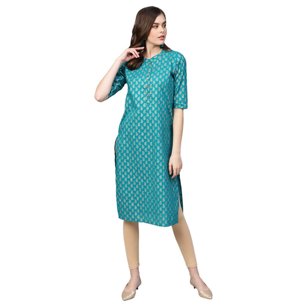 Women's Yellow Rayon Half Sleeve Round Neck Printed Kurta Only - Myshka