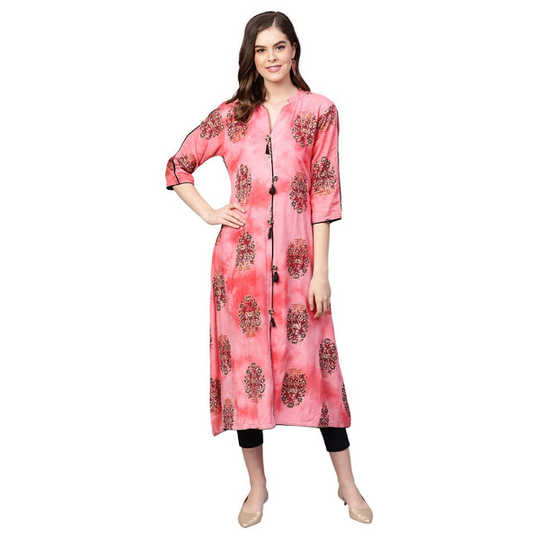 Women's Pink Rayon Printed 3/4 Sleeve Round Neck Kurti - Myshka