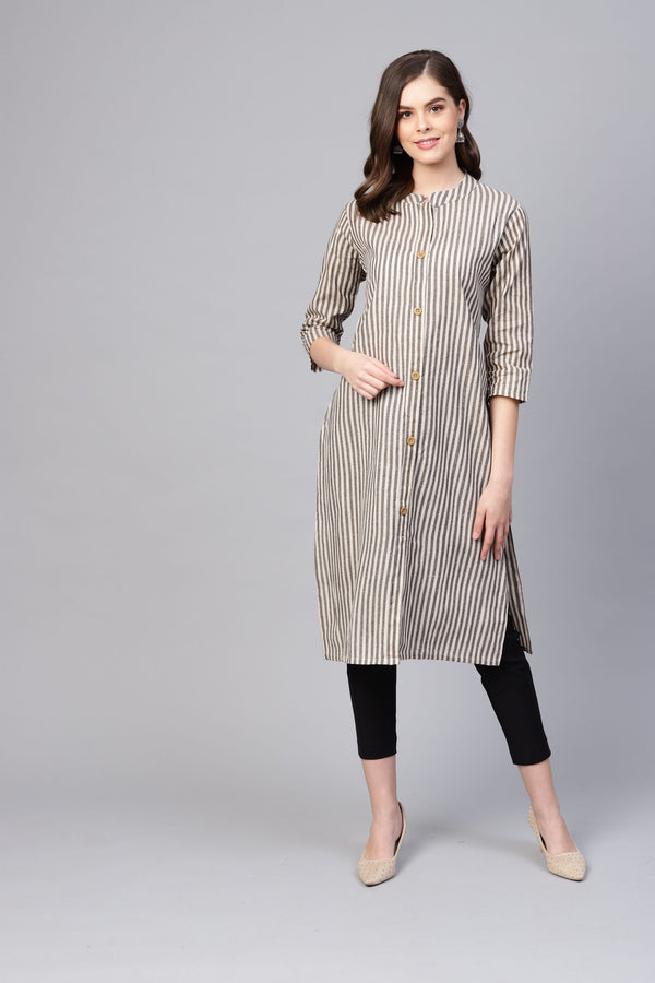 Women's Grey Cotton Solid 3/4 Sleeve Round Neck Kurti - Myshka