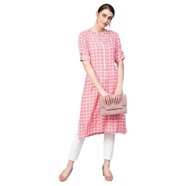 Women's Pink Printed Rayon Half Sleeve Round Neck Kurti - Myshka