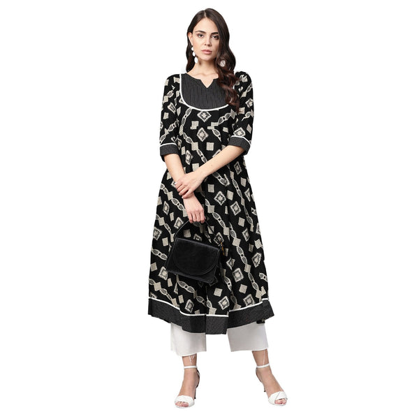 Women's Black Cotton Printed Half Sleeve Casual Anarkali Kurta Only - Myshka