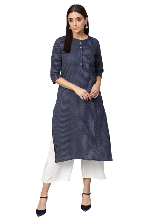 Women's Navy Blue Cotton Striped 3/4 Sleeve Mandarin Neck Casual Kurta Only - Myshka