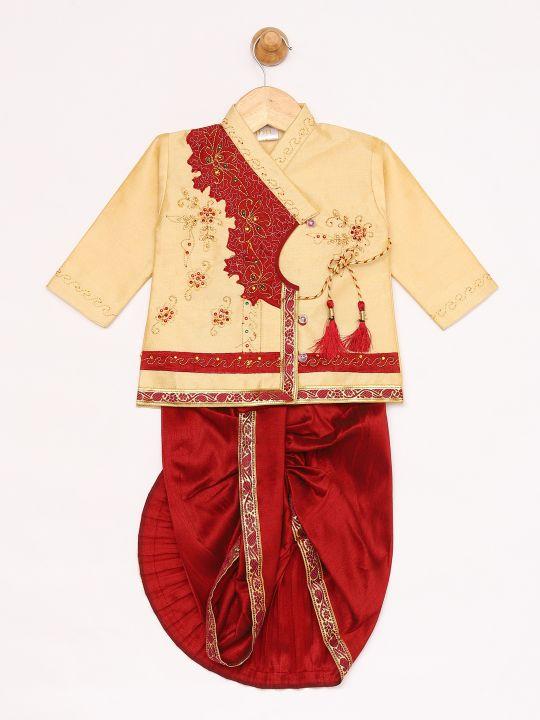 Jashvi Boy's Gold And Maroon Angrakha Kurta and Dhoti Set