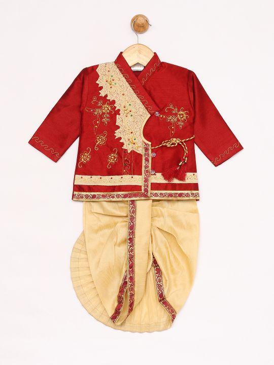 Jashvi Boy's Maroon Angrakha Kurta and Dhoti Set