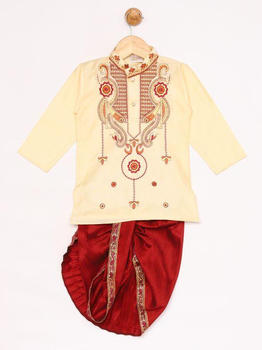 Jashvi Boy's Gold And Maroon Silk Blend Kurta and Dhoti Set