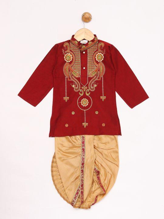 Jashvi Boy's Maroon Silk Blend Kurta and Dhoti Set