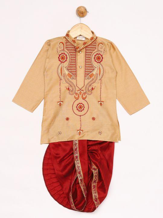 Jashvi Boy's Rose Gold Silk Blend Kurta and Dhoti Set