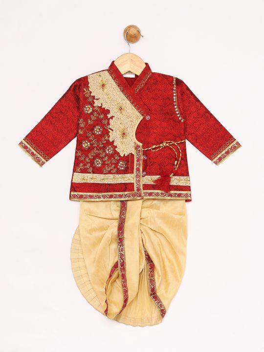 Jashvi Boy's Gold & Maroon Angrakha Kurta and Dhoti Set