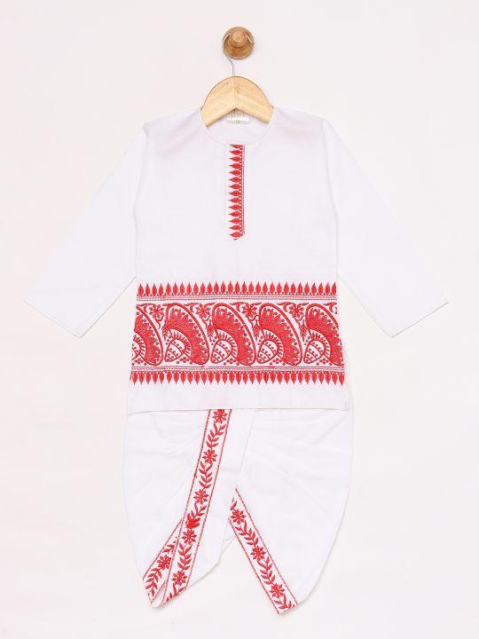 Jashvi Boy's White Embroidered Cotton Kurta and Dhoti Set