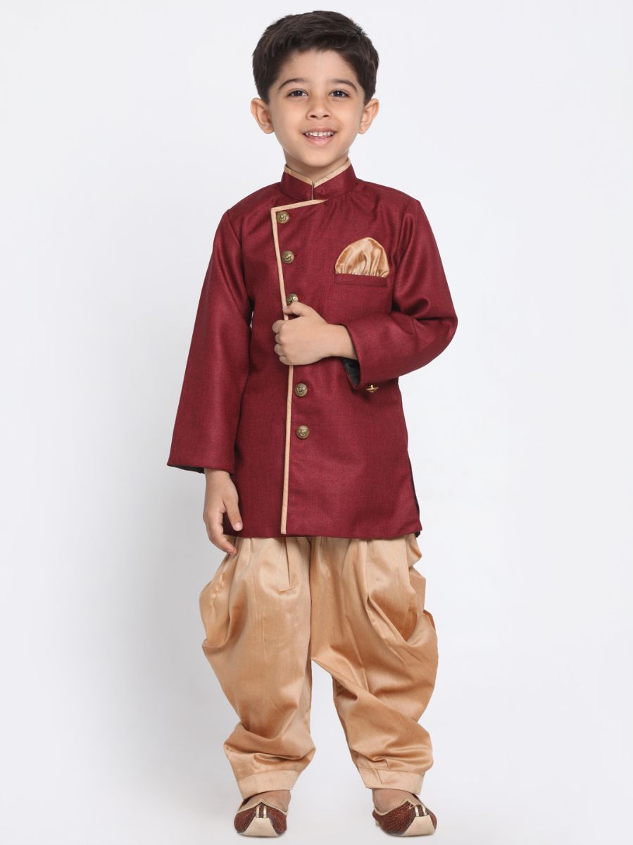 Boys' Maroon Cotton Silk Blend Kurta and Pyjama Set