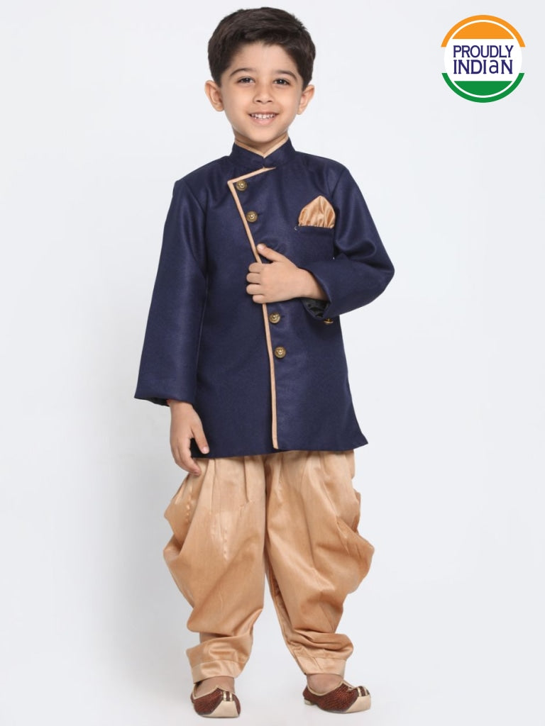 Boys' Deep Blue Cotton Silk Blend Kurta and Pyjama Set