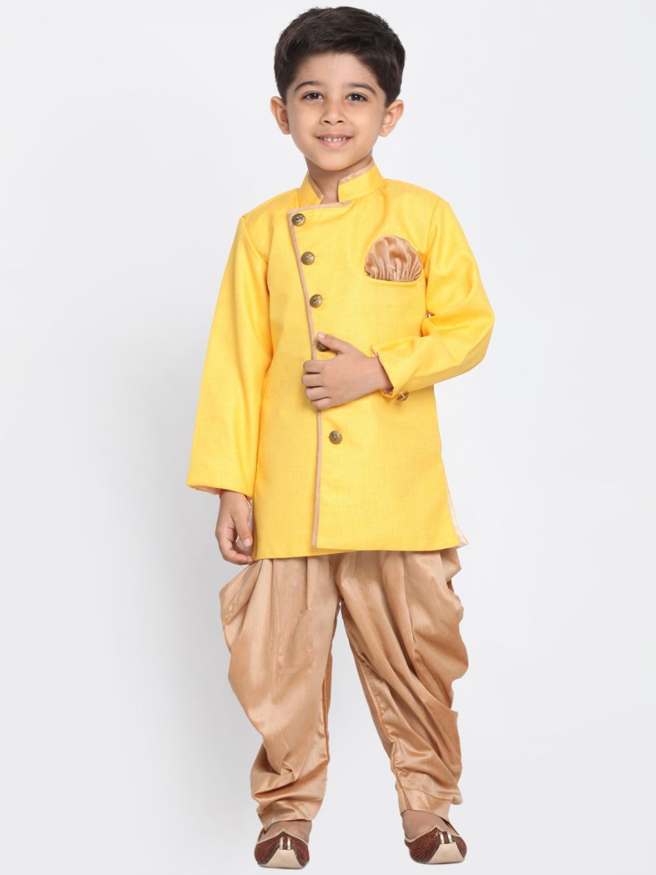 Boys' Yellow Cotton Silk Blend Kurta and Pyjama Set