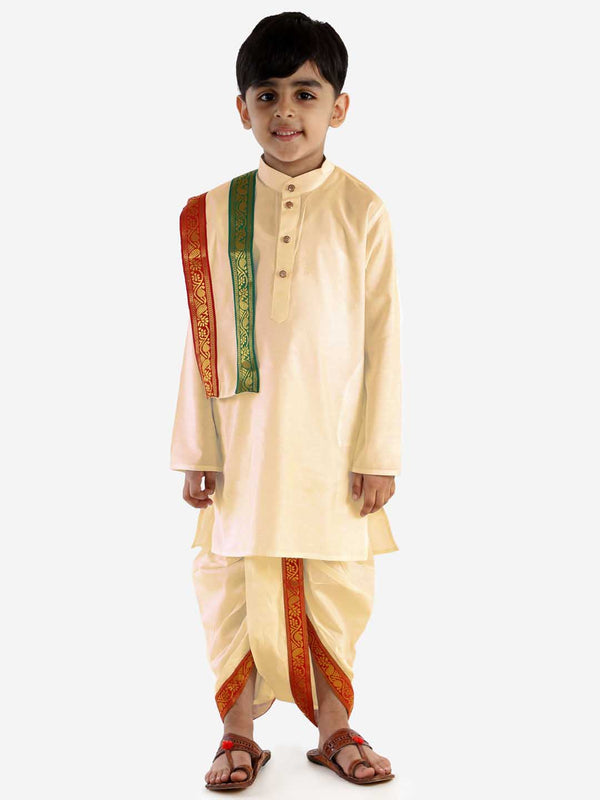 Jashvi Boy's Cream Cotton Kurta Dhoti and Dupatta Set