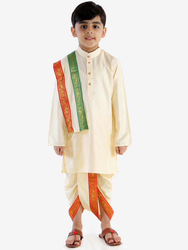 Jashvi Boy's Gold Cotton Blend Kurta Dhoti and Dupatta Set