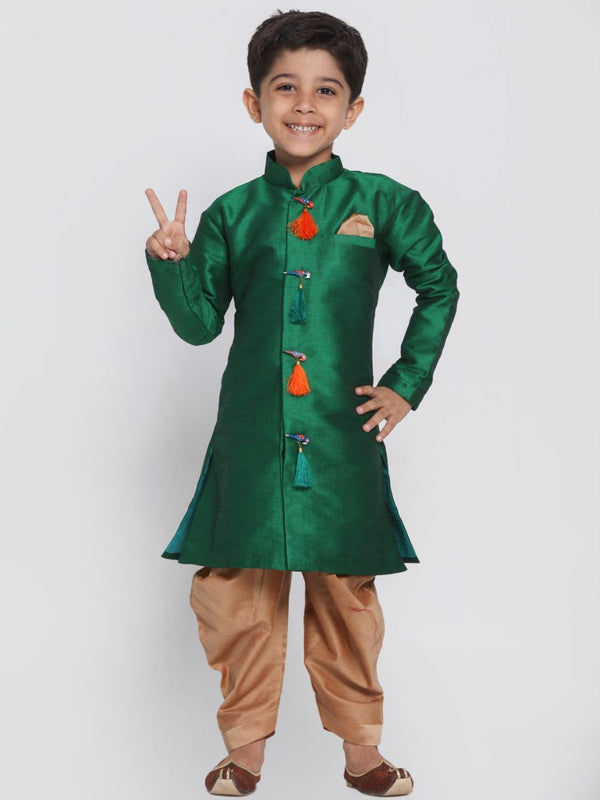 Jashvi Boys' Green Cotton Silk Blend Kurta and Dhoti Set