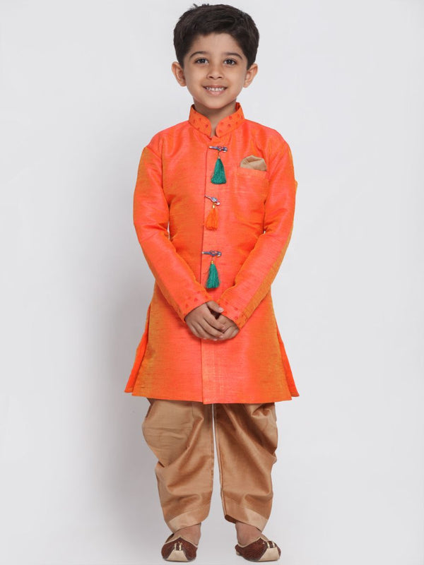 Jashvi Boys' Orange Cotton Silk Blend Kurta and Dhoti Set