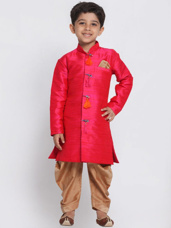 Jashvi Boys' Pink Cotton Silk Blend Kurta and Dhoti Set