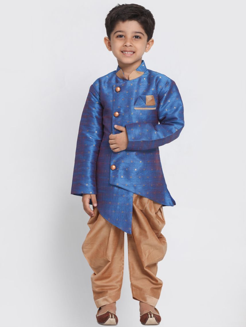 Boys' Blue Cotton Silk Blend Kurta and Dhoti Pant Set