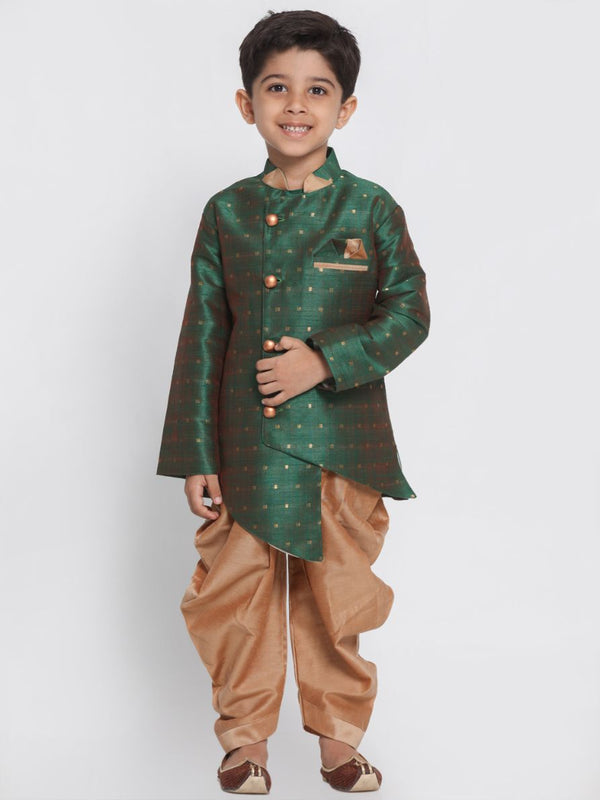 Boys' Green Cotton Silk Blend Kurta and Dhoti Pant Set