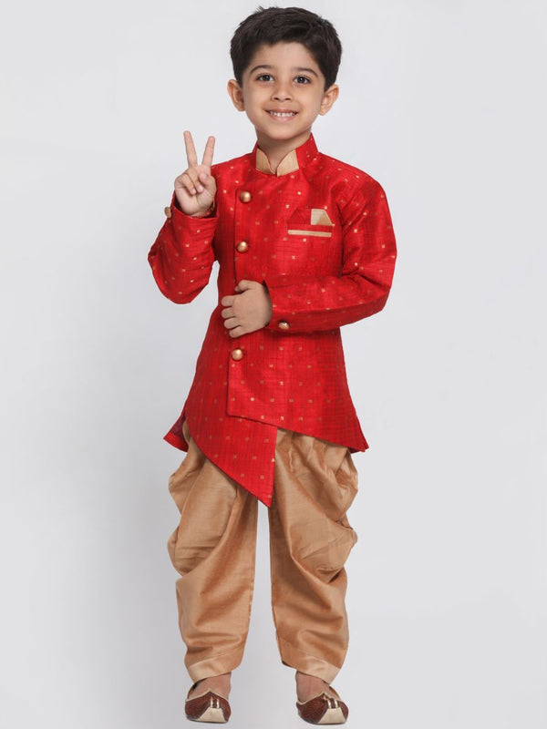 Boys' Maroon Cotton Silk Blend Kurta and Dhoti Pant Set