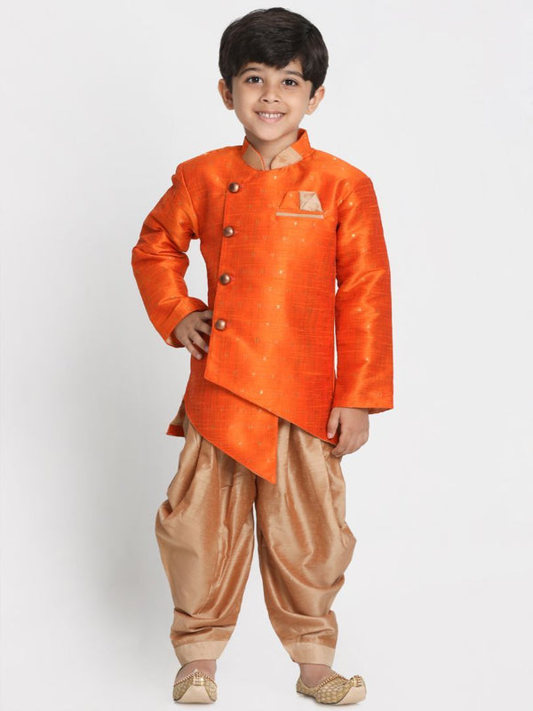 Boys' Orange Cotton Silk Blend Kurta and Dhoti Pant Set