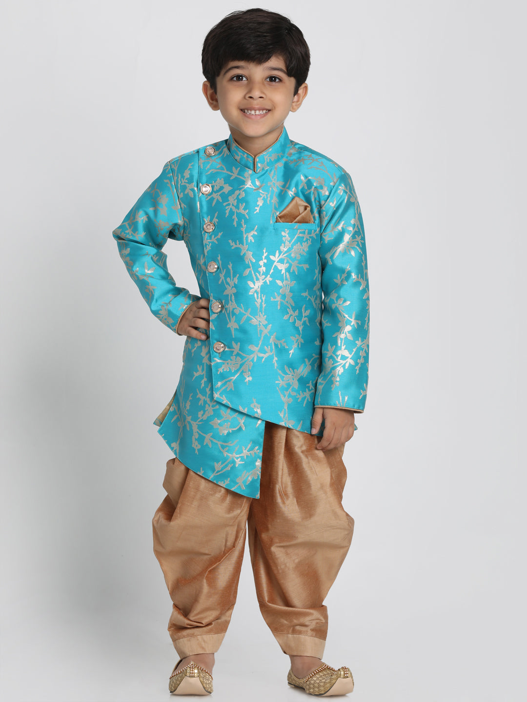 Boy's Light Turquoise And Rose Gold Silk Blend Indowestern Sherwani And Dhoti Set - JBN Creation