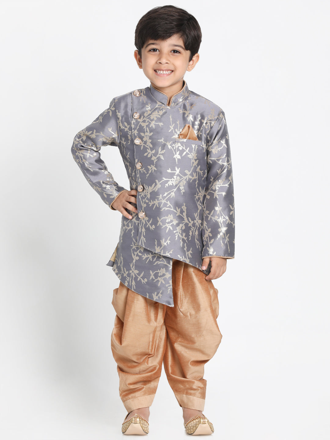 Boy's Pewter Grey And Rose Gold Silk Blend Indowestern Sherwani And Dhoti Set - JBN Creation