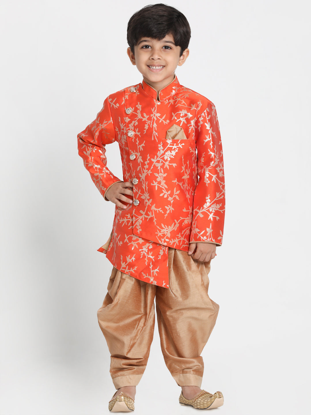 Boy's Bright Orange And Rose Gold Silk Blend Indowestern Sherwani And Dhoti Set - JBN Creation