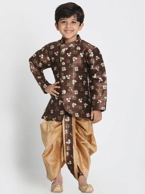 Boys' Brown Cotton Silk Blend Kurta and Dhoti Pant Set