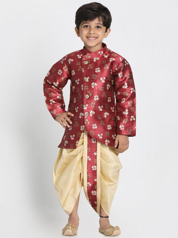 Boys' Maroon Cotton Silk Blend Kurta and Dhoti Pant Set