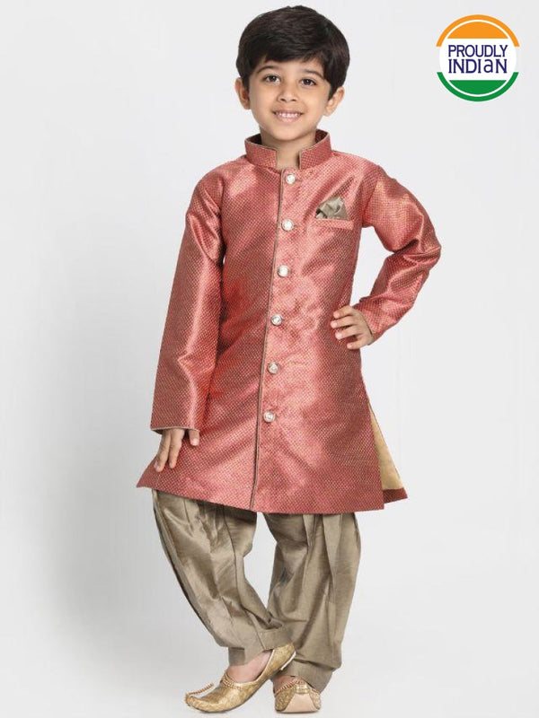 Jashvi Boys' Maroon Jute Silk Blend Sherwani Set