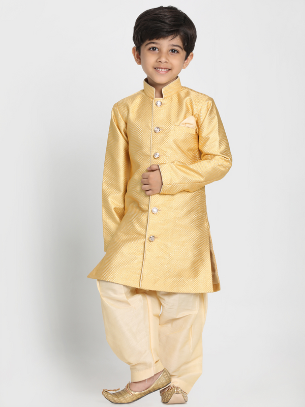 Jashvi Boys' Yellow Jute Silk Blend Sherwani Set