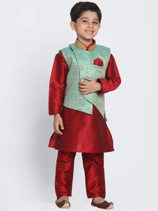 Jashvi Boys' Maroon Silk Blend Kurta, Nehru Jacket and Pyjama Set