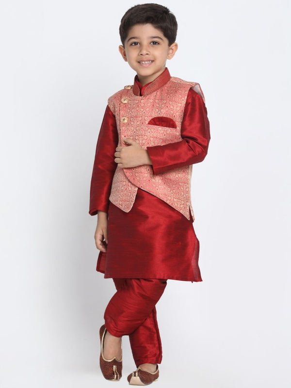 Jashvi Boys' Maroon Silk Blend Kurta, Nehru Jacket and Pyjama Set