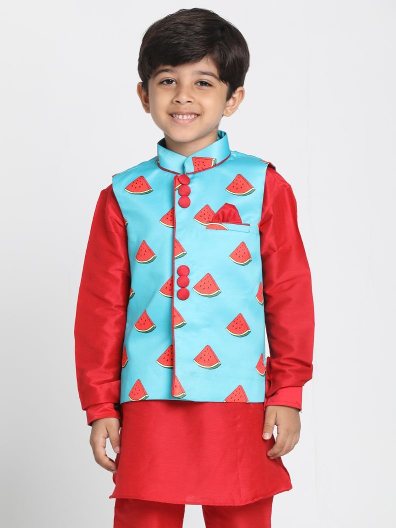 Boys' Light Blue Cotton Silk Blend Nehru Jacket