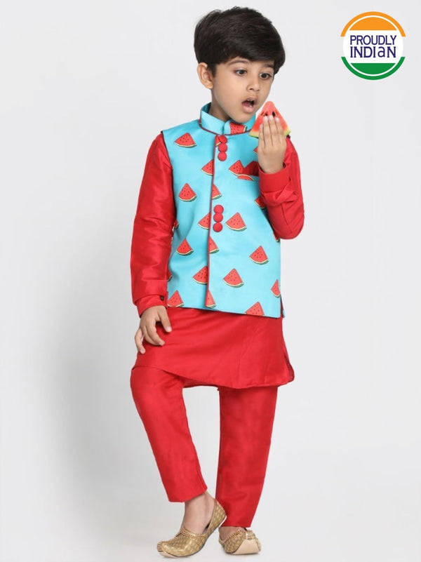 Jashvi Boys' Quirky Print Nehru Jacket, Red Kurta And Pyjama Set