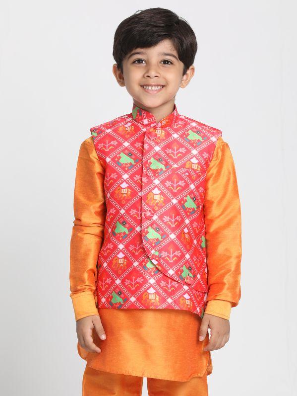 Boys' Pink Cotton Silk Blend Nehru Jacket