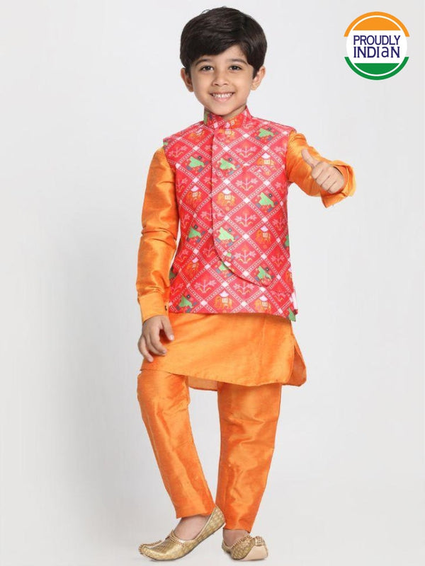 Jashvi Boys' Ethnic Print Nehru Jacket, Orange Kurta And Pyjama Set