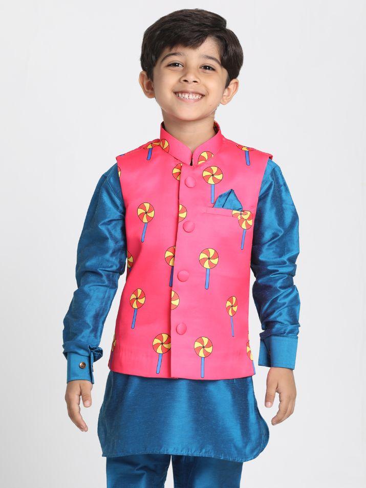 Boys' Pink Cotton Silk Blend Nehru Jacket