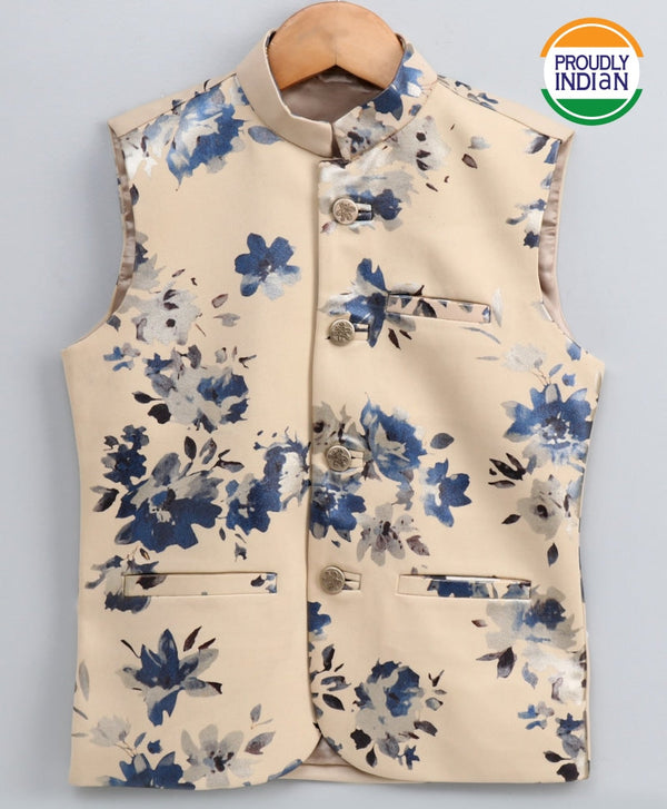 Jashvi Boy's Digital Foil Printed Cream Nehru Jacket