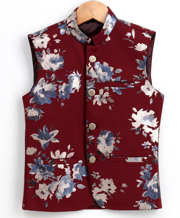 Jashvi Boy's Digital Foil Printed Maroon Nehru Jacket