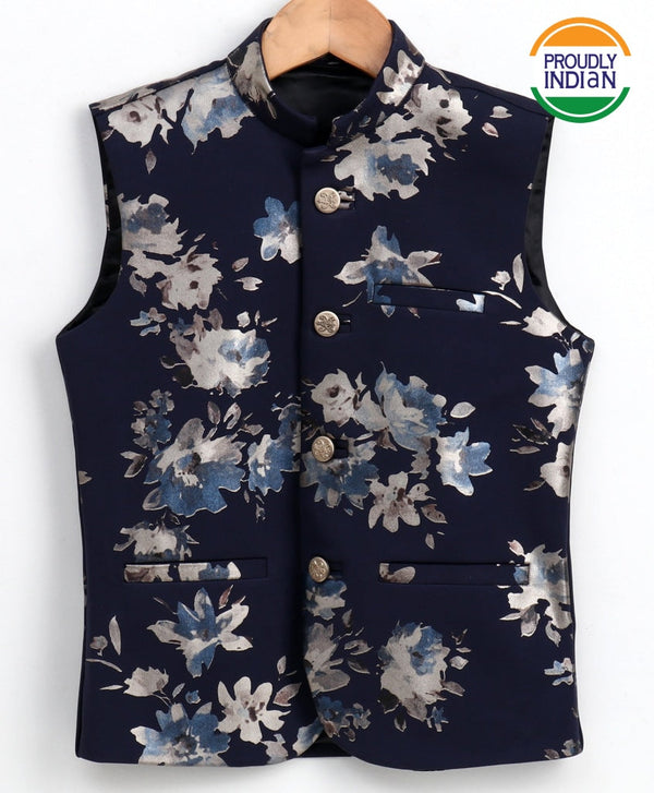 Jashvi Boy's Digital Foil Printed Navy Blue Nehru Jacket