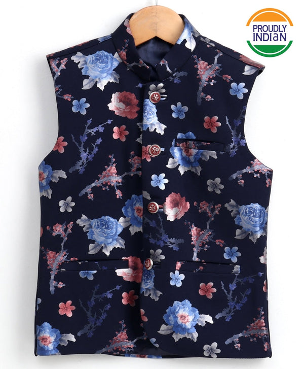 Jashvi Boy's Imported Fabric Floral Print Navy Blue Nehru Jacket