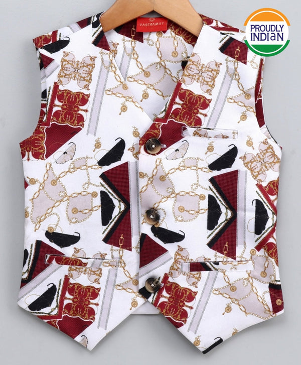 Jashvi Boy's Jute Feel Fabric Digital Printed Maroon Nehru Jacket