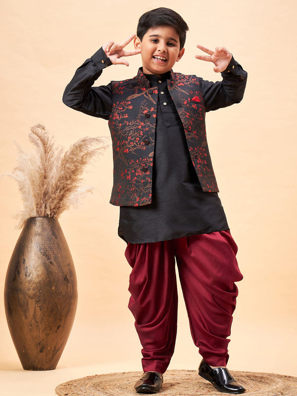 Jashvi Boys Maroon Jacquard Jacket With Black kurta and Dhoti Set